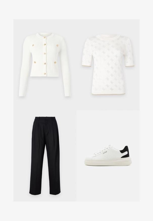 Weißer gerippter Cardigan mit langen Ärmeln, runder Halslinie, sechs goldenen Knöpfen und zwei vorderen Taschen mit Klappendetails.; Gestricktes weißes Kurzarmoberteil mit subtilen Mustern, das über einen runden Ausschnitt und einen goldenen Akzent am Saum verfügt. Die Textur wirkt leicht und atmungsaktiv.; Schwarze Hose mit maßgeschneidertem Design, featuring eine hohe Taille, Falten und geraden Beinen. Hergestellt aus glattem Stoff in einfarbiger Ausführung.; Weiße Leder-Sneaker mit einer dicken weißen Sohle, schwarzem Wildlederakzent an der Ferse und geprägtem Logo an der Seite. Schnürdesign mit sechs Ösen.