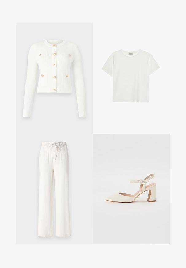 Balta ribota kardigāna veste ar garām piedurknēm, apaļu apkakli, sešām zelta pogām un diviem priekšējiem kabatām ar atloku detaļām.; Balts īsām piedurknēm T-krekls, kas izgatavots no mīksta kokvilnas. Tam ir apaļš izgriezums un brīvs piegriezums. Tīrs dizains bez redzamām rakstiem vai akcentiem.; Baltas platās bikses, izgatavotas no mīkstas auduma, ar punktu jostas vietā un gludu tekstūru. Nav redzami raksti vai rotājumi.; Punktēta purngala krēmkrāsas kurpe ar blokveida papēdi. Iezīmē plānu potītes siksniņu ar apaļu sprādzi un gludu ādas faktūru.