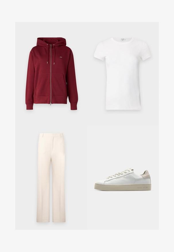 GANT SHIELD ZIP - Zip-up sweatshirt - plumped red; White ribbed short-sleeve T-shirt with a crew neck. The fabric appears smooth with a fitted silhouette. Branding label visible at the collar.; Beige tailored trousers with a straight-leg design, made from lightweight fabric. Features front pleats and a classic waistband.; White leather sneaker with a smooth finish, beige suede accents, round toe, flat lace-up design, and a textured rubber sole.