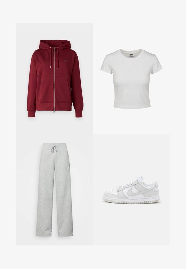 GANT SHIELD ZIP - Sweatjacke - plumped red; Weißes Baumwoll-T-Shirt mit klassischem Rundhalsausschnitt, kurzen Ärmeln und slim-fit Schnitt. Keine Muster oder Akzente sichtbar.; Graue Jogginghose mit elastischem Bund, Kordelzug und kleinem weißen Nike-Logo am linken Oberschenkel. Weicher Stoff, locker sitzend.; Weiße Leder-Sneaker mit grauen Akzenten, perforierter Zehenpartie, flachen Schnürsenkeln, gepolstertem Kragen und einer strukturierten Gummi-Sohle.