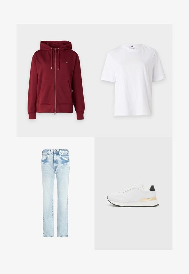GANT SHIELD ZIP - Zip-up sweatshirt - plumped red; White cotton T-shirt with a crew neck, short sleeves, and subtle yellow logo design reading "HILFIGER NEW YORK 1985." Standard fit.; Light blue denim jeans with a straight leg design, five pockets, and a faded texture. Features visible stitching and a classic button closure.; White sneaker with a smooth finish, featuring a black heel accent and a gold metallic detail on the midsole. Lace-up design, rubber sole.