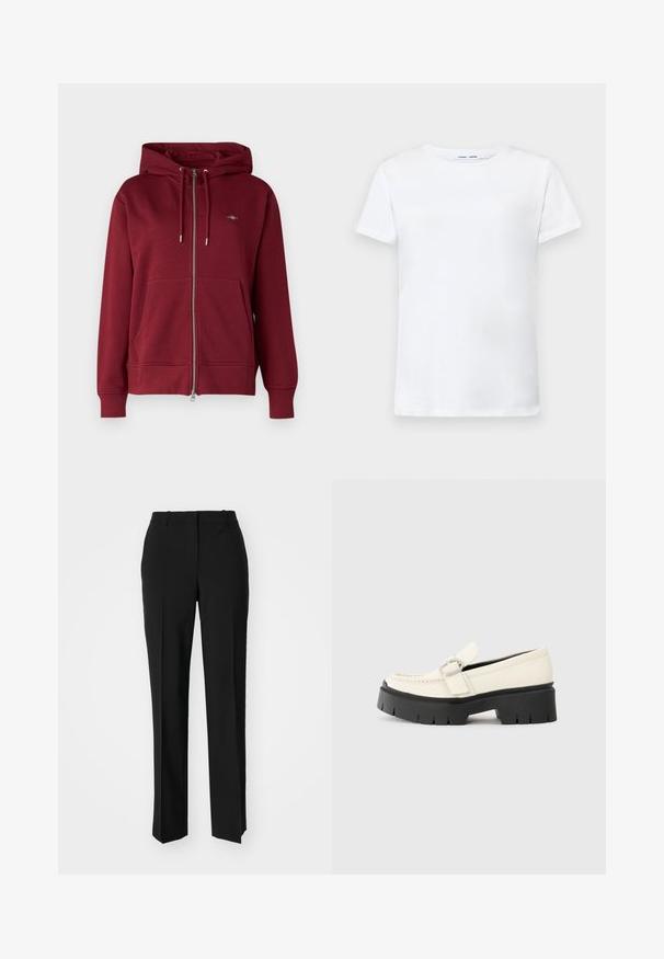 GANT SHIELD ZIP - Sweat zippé - plumped red; T-shirt blanc à manches courtes en coton avec un col ras du cou. Texture lisse et coupe droite, sans motifs ni accents.; Pantalon noir ajusté avec une coupe droite, présentant une texture lisse et des plis nets sur le devant. Aucune quincaillerie visible.; Loafer en cuir blanc avec une semelle plateforme noire épaisse, présentant une boucle rectangulaire en argent et des détails de couture visibles sur la tige.