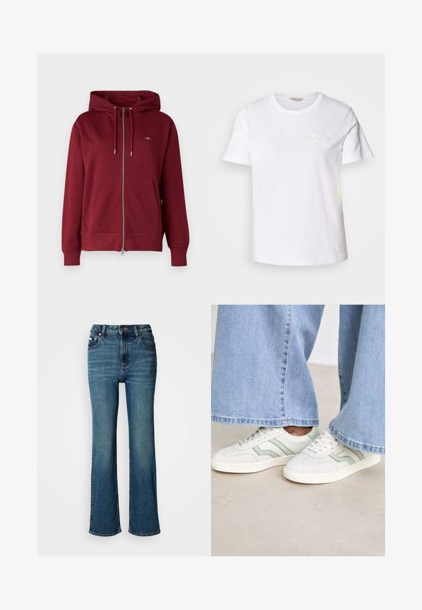 GANT - Bluza rozpinana; Biała bawełniana koszulka z krótkim rękawem, okrągłym dekoltem i subtelnym haftowanym logo na lewej stronie klatki piersiowej. Gładka tekstura, klasyczny krój.; Jeansy w kolorze niebieskim z wysokim stanem, wykonane z denimu, z prostym krojem nogawki, subtelnym efektem blaknięcia oraz standardowym zapięciem na guzik i zamek błyskawiczny.; Białe sneakersy z jasnobiżowymi akcentami, teksturowana skórka i płaskie gumowe podeszwy. Połączone z szerokimi dżinsowymi spodniami.