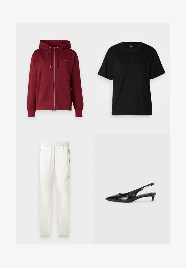 GANT SHIELD ZIP - Camisola com fecho - plumped red; T-shirt de algodão preto com decote redondo, mangas curtas e um logótipo bordado no peito. Corte simples e descontraído, sem padrões.; Calças de fato claras com cintura elástica, punhos ajustados, bolsos laterais e detalhes com fecho de correr. Acabamento em tecido suave e ligeiramente brilhante.; Saltos slingback em couro preto com bico fino, apresentando um salto esguio e um detalhe em tom dourado na alça ajustável. Textura suave.