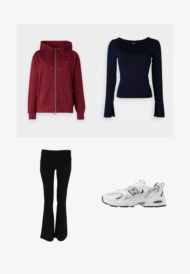 GANT SHIELD ZIP - Jaka ar rāvējslēdzēju - plumped red; Jūras spēku tumši zils krekls ar kvadrātveida dekoltē, izgatavots no gludas, elastīgas auduma. Tam ir pieguļošs dizains un nedaudz plati piedurkņu gali.; Melnas izplešotas jogas bikses ar platu, elastīgu jostasvietu. Izgatavotas no mīksta, viegla auduma, ar gludu tekstūru un bez redzamām rakstu. ; Baltas sporta apavs ar sietveida augšpusi, jūras zilām akcentiem un mīkstu zoli. Iezīmē "N" logo, šņores un teksturētu detaļu sānos.