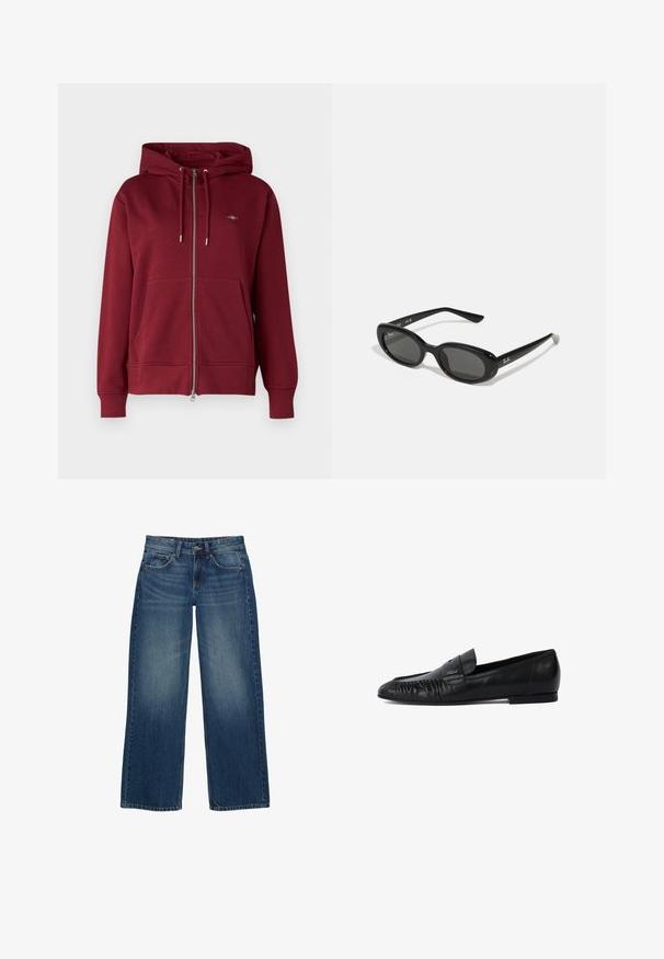 GANT SHIELD ZIP - Sweatjacke - plumped red; Schwarzes Kurzarmtrikot mit weißen Streifen, auf der Vorderseite ist die Nummer "10" und "+ TEAMGEIST" gestickt. Hergestellt aus einem weichen, atmungsaktiven Material.; Weite blaue Denim-Jeans mit einem ausgewaschenen Finish, Fünf-Taschen-Design und kontrastierenden Nähten. Geschlossen mit einem Knopf und einem Reißverschluss.; Schwarze Lederloafers mit runder Zehe, gestickten Details an der Vorderseite und flacher Sohle. Minimalistisches Design mit dezentem Logoakzent.; Schwarze Sonnenbrille mit ovalen Gläsern, glänzendem Kunststoffrahmen und schlanken Bügeln. Mit Ray-Ban-Logo in Weiß an der Seite.