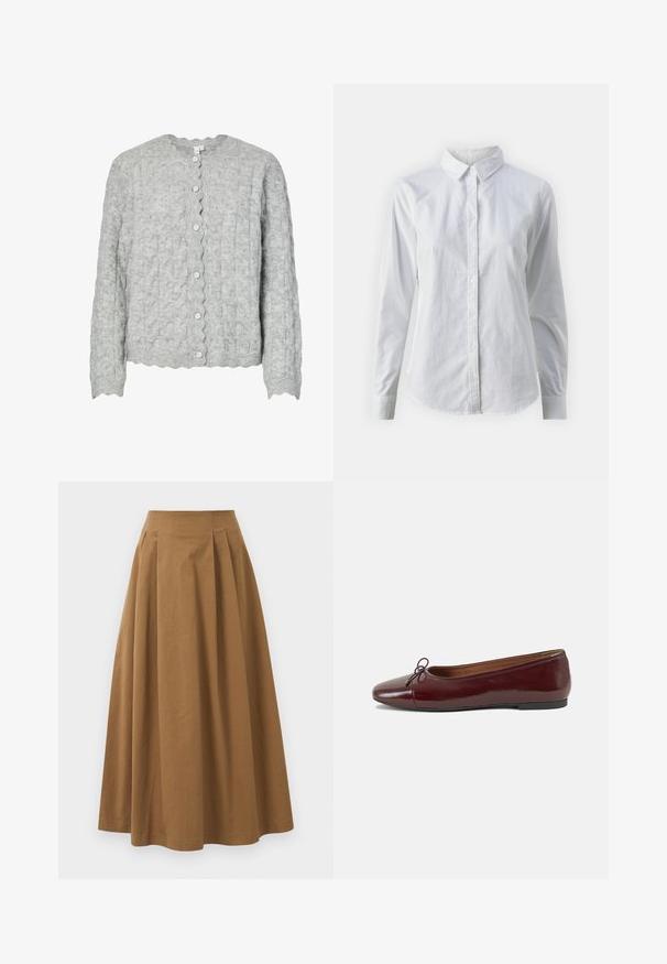 Vaaleanharmaa neulottu neuletakki teksturoidulla kuviolla, aaltoilevalla pääntiellä ja kuusi hopeista nappia edessä. Pitkät hihat.; Valkoinen napitettava paita, joka on valmistettu sileästä puuvillasta. Paidassa on klassinen kaulus, pitkät hihat ja kaareva helma. Nappien koko on pieni ja ne ovat valkoiset.; Ruskea puuvillainen A-linjainen hame korkealla vyötäröllä, jossa on laskokset edessä ja sileä pinta. Helma on viimeistelty siististi ja yksinkertaisesti.; Burgundin värinen lakattu nahkainen ballerinatossu pyöreällä varvaskärjellä, pienen nauhan yksityiskohdalla edessä ja matalalla mustalla kumipohjalla. Sujuva pinta.