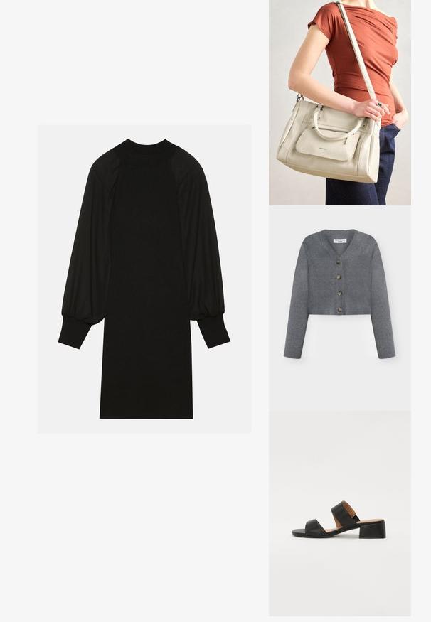 Cárdigan corto gris hecho de tela suave, con escote en V, cinco botones en la parte frontal y puños acanalados.; Vestido negro con una tela acanalada, mangas abullonadas y un cuello alto. La silueta es recta y llega hasta la rodilla.; Sandalia de cuero negra con dos correas anchas que cruzan el pie, punta cuadrada y tacón bajo en bloque. Textura suave y diseño minimalista.; Bolso de mano de cuero blanco con asas dobles y correa desmontable, con un bolsillo delantero con cremallera y textura suave. Sosteniéndolo en el brazo de una persona.