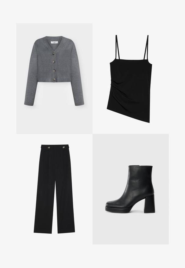 Harmaa lyhyt neuletakki, joka on valmistettu pehmeästä kankaasta. Varustettu V-kaula-aukolla, viidellä edessä olevalla napilla ja resorikamppeilla hihoissa.; Mustaton, hihaton toppi ohuiden olkainten kanssa; siinä on drapeeraus yhdellä puolella ja sileä pinta; valmistettu joustavasta kankaasta.; Mustat leveälahkeiset housut, joissa on korkea vyötärö, napit vyötärönauhassa ja etupuolella laskokset.; Musta nahkasaapas nilkkapituisena, jossa on paksu korko ja alustapohja, nähtynä sivulta yksinkertaisella valkoisella taustalla.