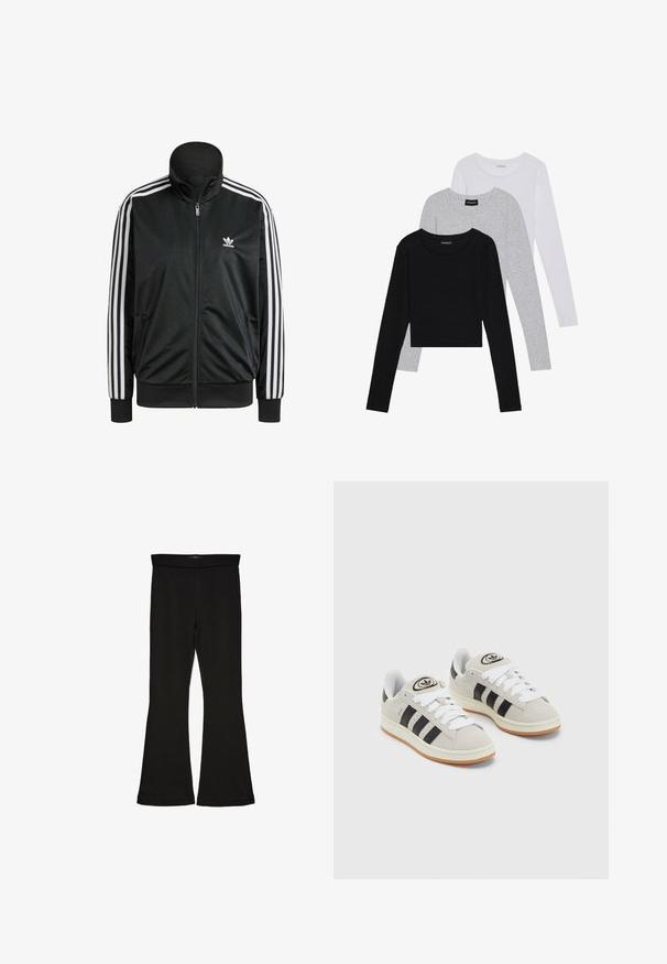 Melnā jaka, kas izgatavota no gluda auduma ar augstu apkakli, ar baltām trīs svītru akcentiem uz piedurknēm un mazu baltu logotipu uz krūtīm.; Trīs garām piedurknēm veidotas augšdaļas, sakrautās: melna, pelēka un balta. Katram ir noapaļots kakla izgriezums un īsa dizaina forma ar gludu, vieglu audumu.; Melnas flared leggings, kas izgatavotas no stiepjama auduma. Iezīmējas ar platu jostasvietu un gludu tekstūru, ar pieguļošu siluetu, kas paplašinās pie apakšmalas.; Pelēkas zamšādas kedas ar baltām saites, melnām svītrām un baltu gumijas zoli. Raksturīga apļa logo uz mēles un gumijas zole.