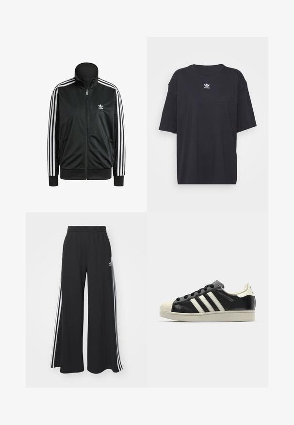 Black jacket made of smooth fabric with a high collar, featuring white three-stripe accents on sleeves and a small white logo on the chest.; Black cotton t-shirt with short sleeves, round neckline, features a white Adidas logo on the chest. Simple design, relaxed fit.; Black wide-leg sweatpants with an elastic waistband, featuring white side stripes and an embroidered logo on the left thigh.; Black leather sneaker with white stripes, rubber toe cap, black laces, and a cream-colored outsole. Smooth texture with shiny finish.