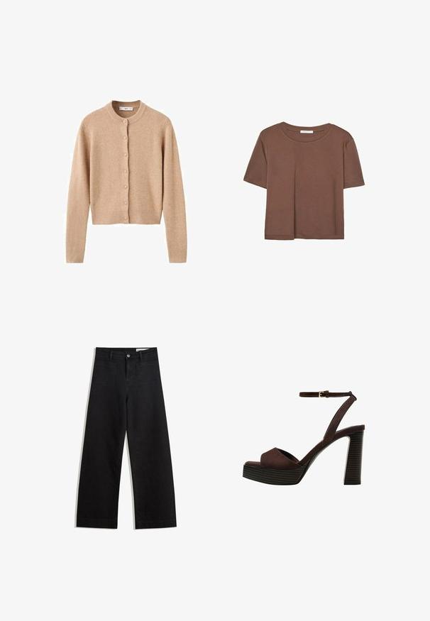 Beżowy wełniany kardigan z okrągłym dekoltem, długimi rękawami i zapięciem na guziki. Posiada ściągacze na mankietach i u dołu, oraz miękką, teksturowaną powierzchnię.; Brązowa koszulka z krótkim rękawem, wykonana z miękkiego materiału, z okrągłym dekoltem i luźnym krojem. Brak widocznych wzorów lub akcentów.; Czarne dżinsowe spodnie o szerokich nogawkach i wysokim stanie, z przednimi i tylnymi kieszeniami, przeszyciami oraz zapięciem na guziki. Gładka struktura.; Brązowe zamszowe sandały na wysokim obcasie z odkrytymi palcami, regulowanym paskiem na kostce i paskowatą podeszwą.