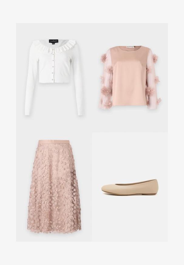 Cardigan bianco corto realizzato in tessuto morbido, con maniche lunghe, scollatura fluttuante e una fila di bottoni decorativi.; Top rosa chiaro con un corpo in satin uniforme. Le maniche trasparenti presentano fiori di stoffa sparsi, aggiungendo texture e dettaglio. Collo rotondo.; Gonna midi in pizzo rosa pallido con ricami floreali, caratterizzata da una vita aderente e un design a strati, che esalta una texture delicata.; Ballerine in pelle beige con punta arrotondata, dettagli di cucitura minimi, tacco basso e logo discreto sul retro. Texture liscia e opaca.