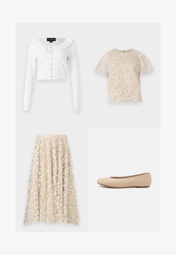 Witte cropped cardigan van zachte stof, met lange mouwen, een geraffineerde halslijn en een rij decoratieve knopen.; Beige blouse met bloem borduursels, doorschijnende pofmouwen, ronde halslijn en rits op de rug. Getextureerd bloemmotief op het voorpaneel.; Bloemrijke borduursels op een doorschijnende, crèmekleurige rok met een satijnen tailleband. Het ontwerp bevat kleine, delicate bloemen en bladeren.; Beige leren ballerina met een ronde neus, minimale naaidetailing, lage hak en subtiel logo op de achterkant. Gladde, matte textuur.