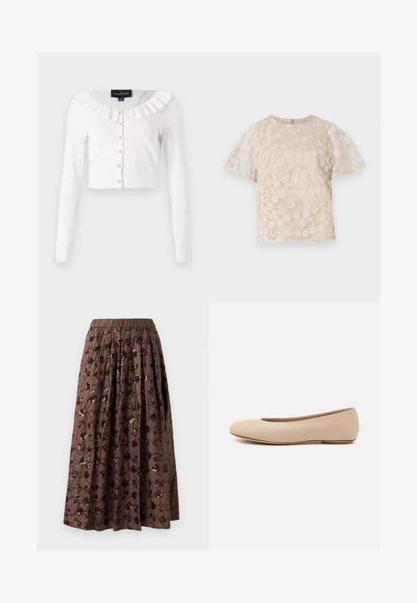Valge lühike kardigan, mis on valmistatud pehmest kangast, pikad varrukad, frillidega kaelus ja rida dekoratiivnuppe.; Beez pluus lilleline tikand, läbipaistvad puffvarrukad, ümmargune kaelus ja tagumine lukuga sulgemine. Tekstureeritud lillemustriga esitahvel.; Pruun midi seelik elastse vöökoha ja lilledega kristallidega kaunistusega, plekitud disainiga ning sileda kangatekstuuriga.; Beeži nahk balletitossud ümarate varvastega, minimaalse õmbluse detailiga, madala kanna ja diskreetse logoga taga. Sile, mati tekstuur.