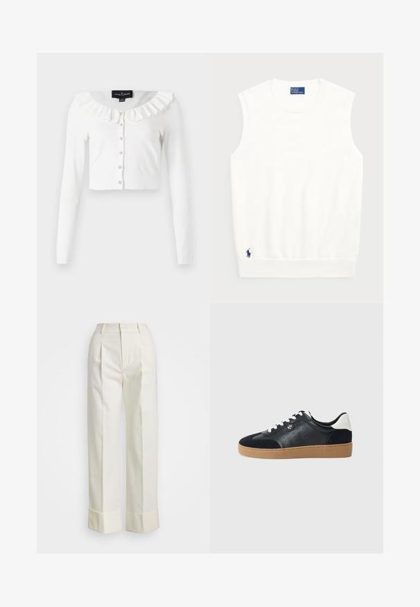 White cropped cardigan made of soft fabric, featuring long sleeves, a frilled neckline, and a row of decorative buttons.; White sleeveless sweater made of smooth cotton, featuring a ribbed hem and a small navy logo on the bottom left. Simple design, no patterns.; White tailored pants featuring a high waist, double front pleats, and wide legs with folded cuffs. Made from a smooth, textured fabric.; Black leather and suede sneaker with a light brown rubber sole. Features white laces and small perforations on the sides. Michael Kors logo present.