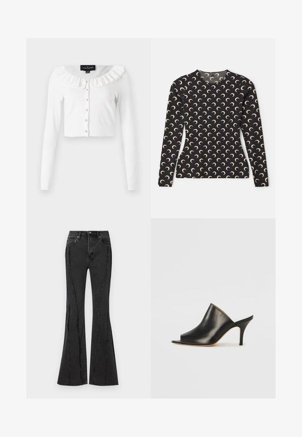 Vit kort cardigan gjord av mjukt tyg, med lång ärm, en flikig halsringning och en rad dekorativa knappar.; Svart långärmad topp med ett upprepat mönster av halvmånar i beige. Har en rund halsringning och ett mjukt, stretchigt tyg.; Uppsvängda svarta denimjeans med sliten design och synliga sömnadsdetaljer. Har fem fickor och knappstängning i midjan.; Svart läder öppen tå mule med en stilren, böjd design, hög stilettklack och slät yta. Inredningen har en kontrasterande ljus färg.