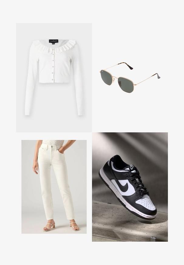 Biała krótka kardigan w wykonaniu z miękkiej tkaniny, z długimi rękawami, falbaniastym dekoltem i rzędem dekoracyjnych guzików.; Biała koszulka z krótkim rękawem wykonana z miękkiej bawełny, o okrągłym dekolcie i raglanowych rękawach, charakteryzująca się luźnym, prostym krojem bez wzorów.; Białe, wysokie dżinsy o prostym kroju, z przednimi kieszeniami, z zapięciem na guzik i gładką teksturą denimu. Noszone z jasnymi sandałami.; Czarno-białe sneakersy Nike Dunk Low z cholewką skórzaną, perforowanym noskiem i czarnymi sznurowadłami, z białą podeszwą i akcentami logo.; Złote okulary przeciwsłoneczne w stylu aviatora z ciemnozielonymi soczewkami, z wąskimi ramionami i akcentami w panterkę na końcach.; Czarna torebka z pikowanej skóry z łańcuszkowym paskiem, ozdobiona dekoracyjnym charms. Miękka faktura, zarysowana forma i luźna sylwetka.