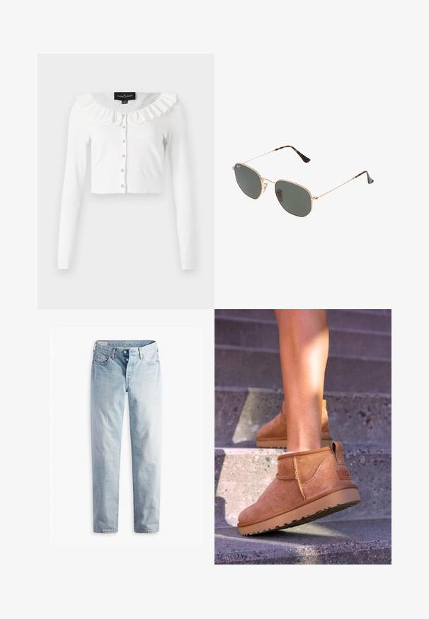 White cropped cardigan made of soft fabric, featuring long sleeves, a frilled neckline, and a row of decorative buttons.; White short-sleeve t-shirt made of soft cotton with a round neckline and raglan sleeves, featuring a relaxed, straight cut without patterns.; Light blue denim jeans with a straight-leg cut, two front pockets, and two back pockets. Includes two-button fly and subtle stitching.; Tan suede ankle boots with a soft texture, stitched detailing, and a rubber sole, featuring a looped heel for easy wear.; Gold metal-frame sunglasses with dark green lenses, aviator style, featuring slim arms and tortoiseshell accents on the tips.; Lauren Ralph Lauren PEBBLED LEATHER SMALL TANNER SATCHEL - Handbag - camel