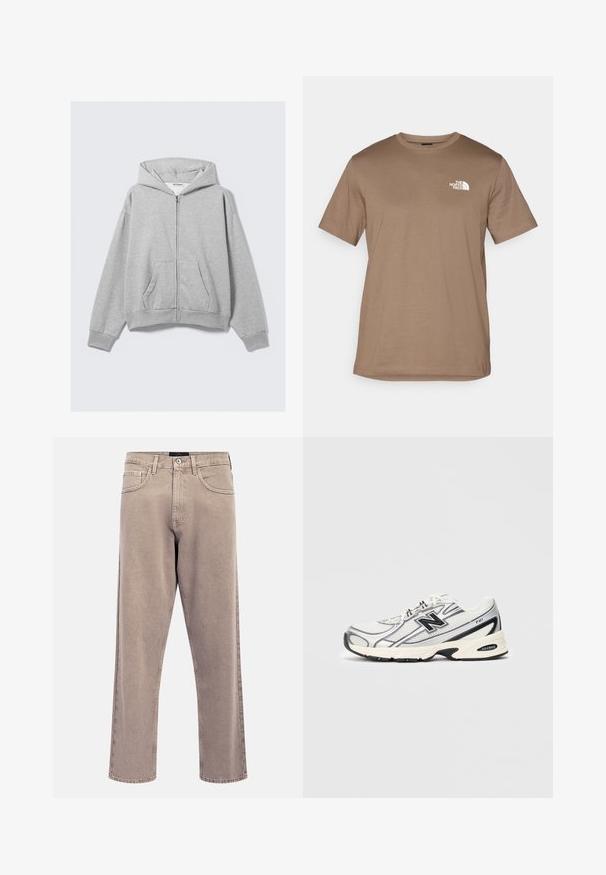 Sivá zipsová mikina vyrobená z mäkkého materiálu, má kapucňu, rebrované manžety a predné vrecká s voľným strihom. Značka: WEEKDAY.; Hnedé tričko s krátkym rukávom vyrobené z bavlny s rebrovaným okrúhlym výstrihom. Obsahuje malé biele logo na ľavej strane hrude.; Svetlo béžové rifle s rovnými nohavicami, mierne vyblednutou textúrou, dizajnom s piatimi vreckami a zapínaním na kovový gombík. Výrazné švíky.; Biele a šedé atletické tenisky s čiernym logom "N", sieťovaným zvrškom, polstrovanou podrážkou a šnurovacím dizajnom, zobrazené na jednoduchom svetlo šedom pozadí.