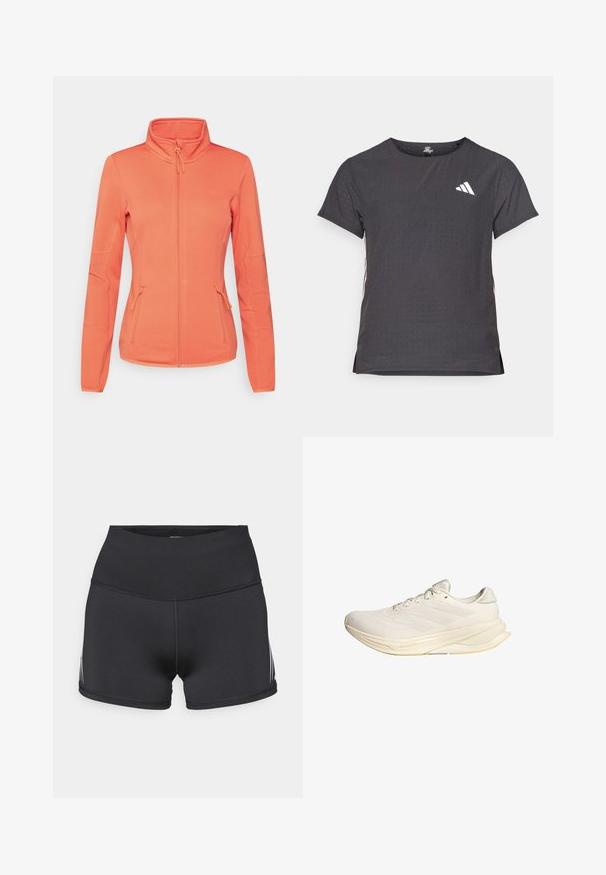 ONLY Play ONPJETTA - Jachetă din fleece - spiced coral; Tricou athletic cu mânecă scurtă, gri închis, cu textură perforată. Prezentă un logo alb și dungi contrastante pe laterale. Guler rotunjit.; Pantaloni scurți atletici negri cu talie înaltă, confecționați din material elastic. Au dungi albe laterale și cusături flatlock pentru confort.; Pantof de sport bej deschis, cu un superior din plasă, șireturi plate și o talpă amortizată. Are un design cu trei dungi pe partea laterală.