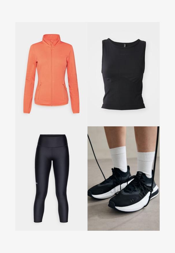 ONLY Play ONPJETTA - Forro polar - spiced coral; Camiseta sin mangas negra deportiva, fabricada con tejido suave, que presenta un escote redondeado y una silueta ajustada con un sutil detalle de logo.; Leggings negros hechos de una tela suave y elástica. Diseño de cintura alta con un ajuste ceñido y un pequeño logo en la pierna izquierda.; Zapatillas deportivas negras con tela texturizada, suela blanca y cordones negros. Llevadas con calcetines blancos de canalé, de pie sobre una superficie clara.