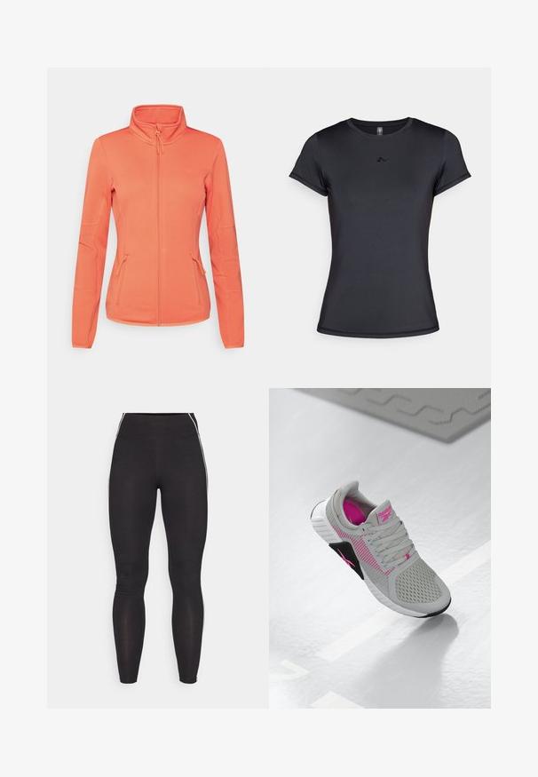 ONLY Play ONPJETTA - Fleecejacke - spiced coral; Schwarzes Kurzarm-T-Shirt aus glattem, atmungsaktivem Stoff mit einem minimalistischen Logodesign auf der Vorderseite. Klassischer Rundhalsausschnitt.; Schwarze Leggings aus dehnbarem Material mit hohem Bund. Merkmale sind weiße Seitenstreifen und eine glatte Textur.; Graue und rosa Reebok Sportschuhe mit Mesh-Obermaterial und detaillierter Sohle, auf einer reflektierenden weißen Fläche präsentiert.