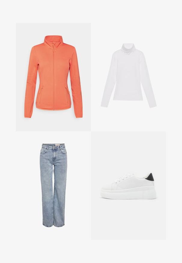 ONLY Play ONPJETTA - Fleecejakke - spiced coral; Hvit langermet høyhalset topp laget av glatt, elastisk stoff. Har høy krage og tettsittende design, uten synlige mønstre eller dekorasjoner.; Lys blå vide jeans laget av denim, med høy midje, fem-lommers design og subtile falminger for et slitt utseende.; Hvite plattform sneakers laget av glatt syntetisk materiale, med rund tå, snøring og en strukturert gummisåle. Svart hæl akcent.