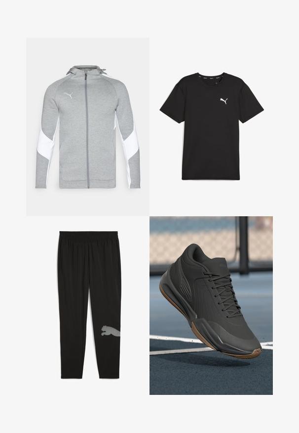 Grijze zip-up jas van zachte stof, met witte zijpanelen, een capuchon en een klein logo op de borst. Soepele textuur, atletische snit.; Zwart sport t-shirt met korte mouwen van synthetische stof, met een wit Puma-logo op de bovenste linkerborst. Gladde textuur, ronde hals.; Zwarte sportieve broek van lichtgewicht stof. Bevat een elastische tailleband, zijzakken en een reflecterend ontwerp van een poema op het onderbeen.; Zwarte sportieve schoen met een glad synthetisch bovenwerk, gestructureerde accenten en een gumrubberen zool, ontworpen voor prestaties en comfort.