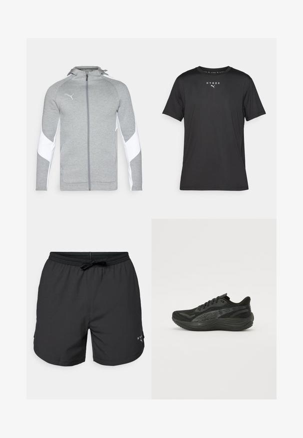 Pilkas užtrauktuku užsegamas džemperis, pagamintas iš minkštos medžiagos, su baltais šonų paneliais, kapisonu ir mažuoju logo ant krūtinės. Lygus paviršius, sportiškas kirpimas.; Juodas trumpomis rankovėmis sportinis marškinėlis, pagamintas iš lengvos medžiagos. Suapvalintas kaklas ir spausdintas "HYROX" logotipas su Puma emblema priekyje.; Juodos maudymosi šortai su elastinga juostele ir virvele. Lengva medžiaga su šoninėmis kišenėmis. Krajose yra mažas logotipas.; Juodos sportinės bateliai su tekstūruotu mezginiu, plokščiomis raištelėmis ir paminkštintu padu, turinčiu subtilius atspindinčius akcentus.