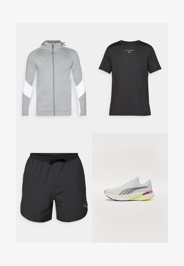 Giacca grigia con zip realizzata in un tessuto morbido, con pannelli laterali bianchi, cappuccio e un piccolo logo sul petto. Texture liscia, taglio atletico.; T-shirt sportivo nero a maniche corte realizzato in tessuto leggero. Caratterizzato da un colletto a girocollo e dal logo stampato "HYROX" con il simbolo Puma sul davanti.; Costumi da bagno neri con vita elasticizzata e cordino. Tessuto leggero con tasche laterali. Presenta un piccolo logo sull'orlo.; Scarpa sportiva bianca con tomaia in rete traspirante, dettagli neri e suola multicolore con dettagli viola e verdi.