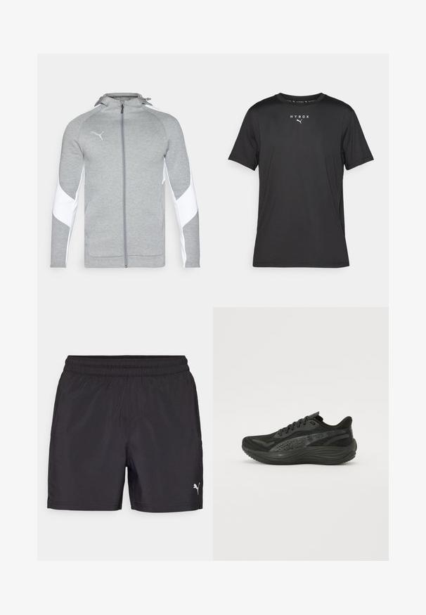 Sivá zipová bunda vyrobená z jemnej tkaniny, s bielymi bočnými panelmi, kapucňou a malým logom na hrudi. Hladká textúra, atletický strih.; Čierne športové tričko s krátkym rukávom z ľahkého materiálu. Obsahuje okrúhly výstrih a potlačené logo "HYROX" spolu s emblémom Puma na prednej strane.; Čierne športové šortky s elastickým pásom, vyrobené z ľahkého materiálu, s malým bielym logom na spodnej strane.; Čierna športová topánka s textúrovaným horným dielom z mäkkej sieťoviny, plochými šnúrkami a odpruženou podrážkou s jemnými reflexnými akcentmi.