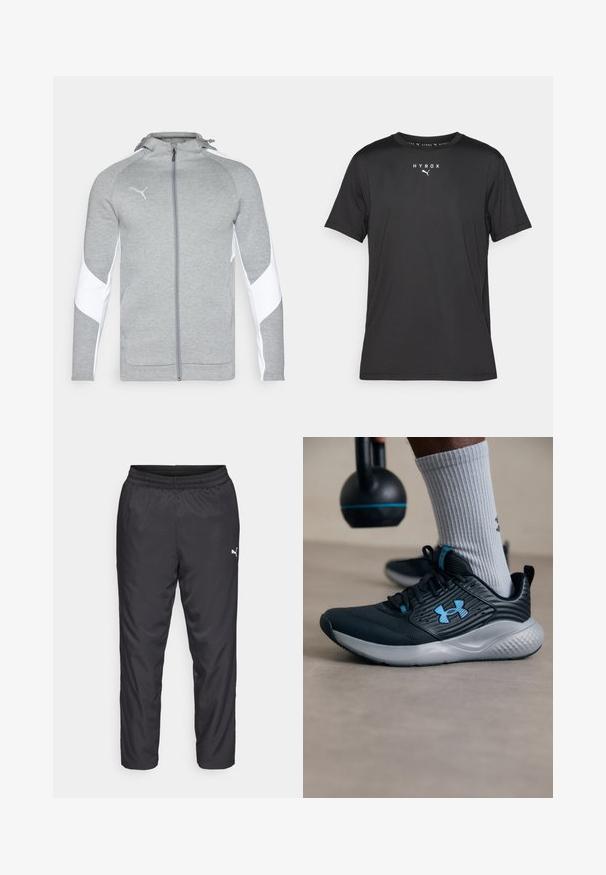 Gray zip-up jacket made of soft fabric, featuring white side panels, a hood, and a small logo on the chest. Smooth texture, athletic cut.; Black short-sleeve sports t-shirt made of lightweight fabric. Features a crew neck and printed "HYROX" logo with a Puma emblem on the front.; Black athletic pants made of smooth, lightweight material. Features an elastic waistband and a small white logo on the left side.; Black athletic shoe with blue accents, textured upper, and gray sole. Worn with gray ribbed socks, beside a black kettlebell.