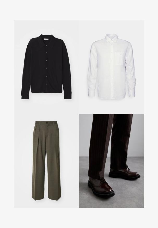 Melnās kardigāns ar apkakles izgriezumu, garām piedurknēm un pogu aizdari. Izgatavots no gludas auduma ar nedaudz brīvu piegriezumu.; Garās piedurknes baltā krekla, kas izgatavots no kokvilnas, ar pogājamu apkakli, priekšējo kabatu un regulāru piegriezumu. Strukturēta auduma ar gludu virsmu.; Filippa K WIDE TROUSERS - Auduma bikses - driftwood; Brūni ādas šņorējami apavi ar spīdīgu apdari, melna gumijas zole un smalki satīti šuvumi. Valkāti ar svītrainām brūnām biksēm.