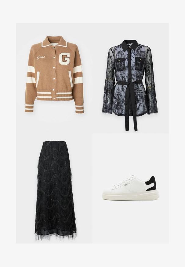 Cárdigan de punto marrón con un diseño de rayas blancas, que presenta cierres a presión, cuello y la letra 'G' en la parte frontal. Los acentos incluyen el nombre de la marca bordado.; Blusa de encaje negro con mangas largas, bolsillos en el pecho con botón, cuello clásico y un cinturón de tela atado a la cintura. Diseño transparente.; Falda midi negra con flecos en capas y patrones de ondas. Fabricada con material transparente y acentos brillantes a lo largo de los bordes.; Zapatillas blancas de cuero con una suela blanca gruesa, acento en el talón de ante negro y logo grabado en el lateral. Diseño de cordones con seis ojales.