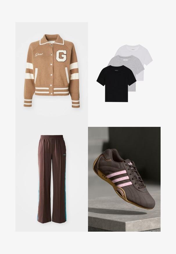 Cardigan lavorato a maglia marrone con un design a righe bianche, dotato di bottoni a pressione, colletto e la lettera 'G' sulla parte frontale. Le rifiniture includono il nome del marchio ricamato.; Set di tre t-shirt a maniche corte in nero, grigio e bianco. Realizzate in cotone, presentano un collo a giro e un design semplice in un colore solido.; Pantaloni sportivi marroni con texture a coste, vita elastica e strisce laterali turchesi. Presentano il logo adidas sul davanti.; Scarpa atletica in suede marrone con strisce e logo rosa, dotata di una tomaia testurizzata, chiusura con lacci e suola in gomma color miele.