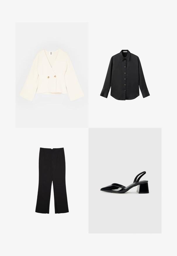 Krémová skrátená zavinovacia bunda s hlbokým V-výstrihom, dlhými širokými rukávmi a dvoma zlatými gombíkmi na zapínanie. Jemná, štruktúrovaná tkanina.; Čierna dlhá rukávová košeľa z hladkého materiálu, s klasickým golierom, predným zapínaním na gombíky so zlatými gombíkmi a širokými manžetami.; Čierne nohavice so strihom rovného strihu, s prednými vreckami a bočnými rozparkami na leme. Vyrobené z mäkkej, hladkej tkaniny. Vhodné na rôzne príležitosti.; Čierne lakované kožené sandálové podpätky s špicatou špičkou a geometrickým blokovým podpätkom. Disponujú elegantným, minimalistickým dizajnom a hladkým povrchom.