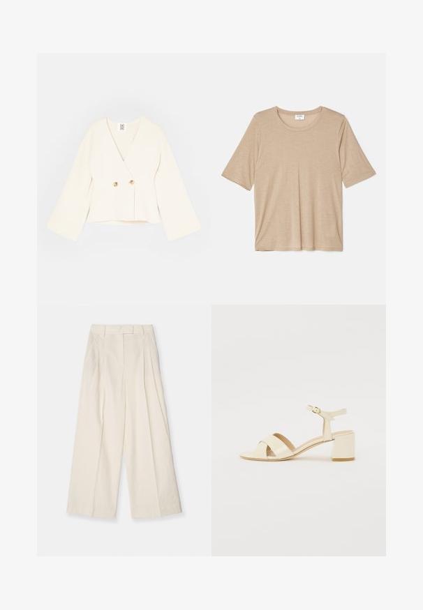 Grietos spalvos trumpas ryšulys su giliu V formos iškirpimu, ilgomis plačiomis rankovėmis ir dviem auksinės spalvos mygtukų užsegimais. Minkšta, tekstūruota medžiaga.; Filippa K ELENA TEE - Marškinėliai su spaudiniu - sandstone; Platus kojos kelnės iš tekstūruoto smėlio spalvos audinio. Raukšlėtas aukštas liemuo, diržo kilpos ir švarus, minimalus dizainas.; Bežinės patentinės odos aukštakulnės šlepetės su kryžminiu dirželiu, atvira nosimi, reguliuojamu kulkšnies dirželiu ir blokuotu kulnu. Lygi tekstūra.
