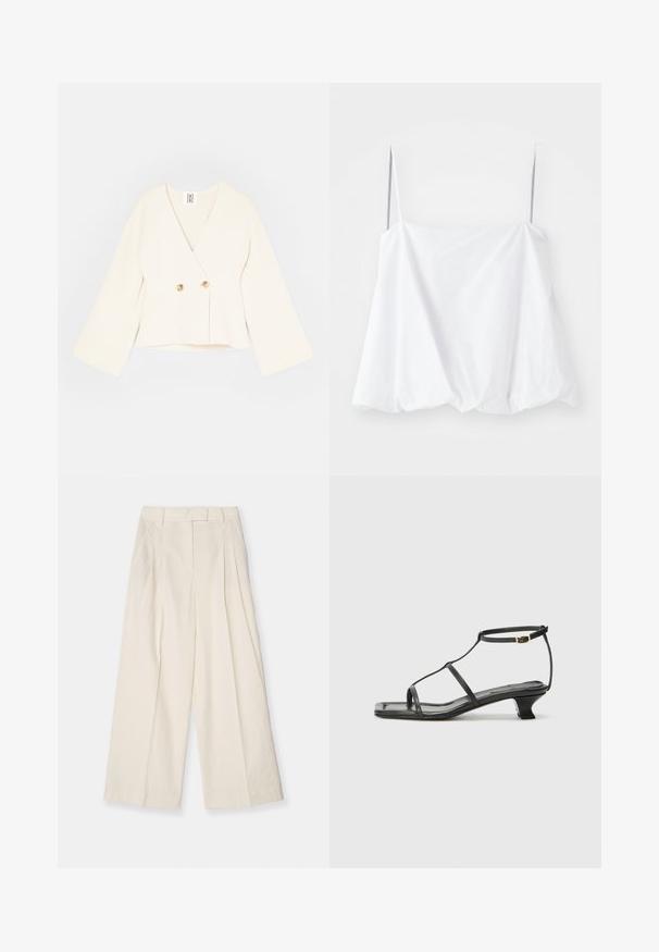Veste cropped couleur crème avec un décolleté en V profond, de longues manches larges et deux fermetures à bouton doré. Tissu doux et texturé.; Haut sans manches blanc avec de fines bretelles, fabriqué en tissu léger. Présentant un design ample et une texture froncée à l'ourlet.; Pantalons à jambe large en tissu texturé crème. Comprend une taille haute avec des plis, des passants de ceinture et un design épuré et minimal.; Sandale en cuir noir avec un bout carré, des fines lanières, une bride de cheville ajustable et un petit talon. Présente un petit accent doré sur la lanière.