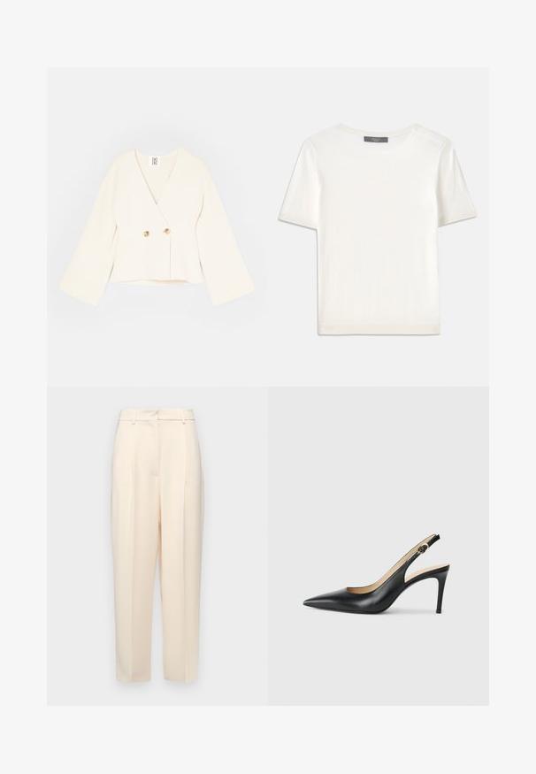 Kreemjas värvitoonis lühike mähiskleidimoodi jakk, millel on sügav V-kaelus, pikad laiad varrukad ja kaks kuldset nööpid. Pehme, tekstuuriga kangas.; Valge lühikeste varrukatega soonikutega viimistletud ringkaelusega kampsun, millel on sile tekstuur.; Beežid kohandatud püksid otse lõikega, ees volditud, siledast tekstuurist ja keskmise kõrgusega vöökoht. Nähtavaid taskuid ei ole.; Mustad nahast seljataga kõrged kontsad, kellel on terav varvas, reguleeritav rihm ja sujuva viimistlusega stiilne stiletto konts.