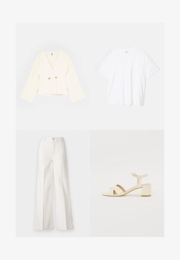 Kratka jakna v kremni barvi s globokim V-izrezom, dolgimi širokimi rokavi in dvema zlatima gumboma. Mehka, teksturirana tkanina.; Bela bombažna majica s kratkimi rokavi, okroglim izrezom, sproščenim krojem in šivanim robom. Oznaka vidna na notranji strani izreza.; Bele široke hlače iz bombaža z gladko teksturo. Imajo gumb spredaj, zadrgo in zasnovo z štirimi žepi.; Bež lakirane usnjene sandale s peto z zasnovo čez trak, odprtim prstom, nastavljivim gležnjenjem in blok peto. Gladka tekstura.