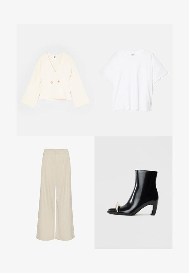 Veste cropped couleur crème avec un décolleté en V profond, de longues manches larges et deux fermetures à bouton doré. Tissu doux et texturé.; T-shirt en coton blanc avec des manches courtes, un col rond, une coupe décontractée et un ourlet cousu. Étiquette visible à l'intérieur du col.; Pantalons larges en tissu beige clair, avec des plis, une taille haute et une texture lisse sans embellissements visibles.; Bottine noire en cuir brillant, avec un bout pointu et un accent décoratif en or et argent à l'avant. Design à talon carré.