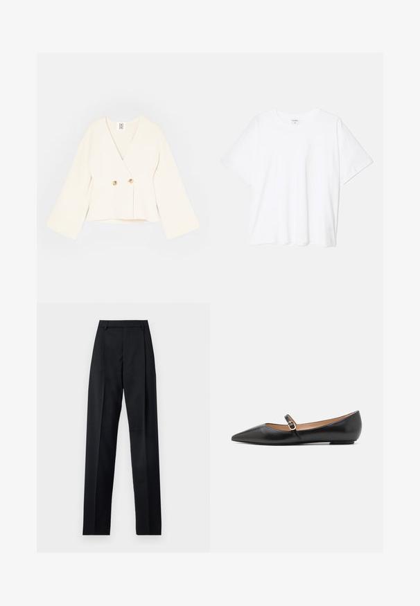 Kermanvärinen lyhyt kietaisutakki syvällä V-kauluksella, pitkät leveät hihat ja kaksi kultaisen väristä nappisuljinta. Pehmeä, teksturoitu kangas.; Valkoinen puuvillapaita lyhyillä hihoilla, pyöreällä pääntiellä, rentoa tyyliä ja ommeltu helma. Tunniste näkyvissä sisäkauluksessa.; Musta housut, jotka on valmistettu sileästä kankaasta ja joissa on korkea vyötärö, leveät lahkeet, etukaarteet ja klassiset vyölenkit. Ei näkyviä sivutaskuja.; Musta nahkainen ballerinat, joissa on terävä kärki ja sivuhihna, jossa on pyöreä kultainen yksityiskohta. Kevyet ja litteällä pohjalla.