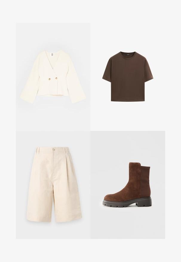 Crème-kleurige cropped wikkeljas met een diepe V-hals, lange wijde mouwen en twee gouden knoopsluitingen. Zacht, gestructureerd materiaal.; Bruine katoenen t-shirt, korte mouwen, ronde hals, relaxte pasvorm, gladde textuur, minimalistisch ontwerp, geen zichtbare patronen of accenten.; Beige linnen shorts met een relaxte pasvorm, voorzien van een knoopsluiting, geplooid ontwerp en knie-lange snit. Glad textuur en eenvoudig stijl.; Bruine suede enkellaars met elastische zijpanelen, ronde neus en een dikke rubberen zool met een gestructureerd loopvlakpatroon.