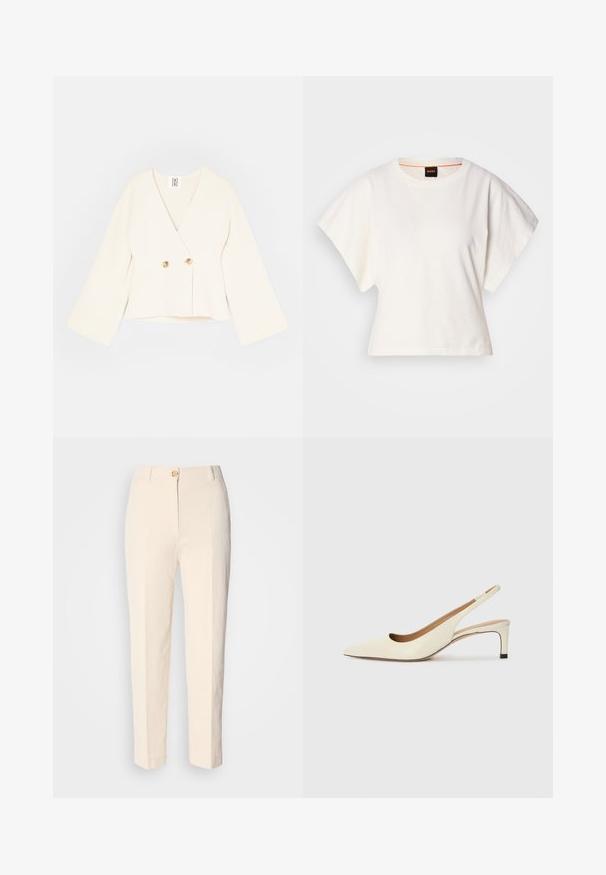 Jachetă croită de culoare crem, cu decolteu adânc în V, mâneci lungi și largi, și două închideri cu nasturi de culoare aurie. Material moale, texturat.; Tricou alb scurt, cu mâneci scurte și largi, din bumbac moale, cu decolteu rotund și un finisaj subtil portocaliu, design minimalist, fără modele sau grafice.; Pantaloni crem, cu talie înaltă, dintr-un material texturat. Au închidere cu nasture în față și picioare conice.; Sandal cu vârful ascuțit, tip slingback, din piele albă, cu toc jos și design decupat, având o textură fină și accente minime.