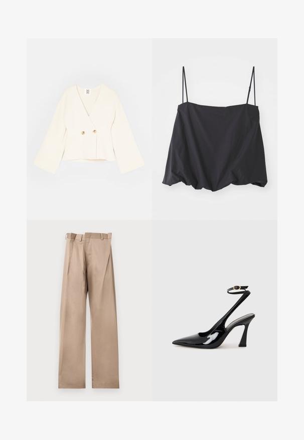 Krémová zkrácená zavinovací bunda s hlubokým véčkovým výstřihem, dlouhými širokými rukávy a dvěma zlatými knoflíkovými uzávěry. Měkká, texturovaná tkanina.; Černý top bez rukávů s tenkými ramínky, volný střih a nařasený lem. Vyrobeno z lehké tkaniny s hladkou strukturou.; Béžové kalhoty na míru se rovnýma nohama, s plochým předním dílem, poutky na pásek a sklady. Vyrobené z hladkého materiálu s jemnou texturou.; Černé lakované kožené lodičky na pásku s špičatou špičkou, nastavitelným páskem kolem kotníku a mírným blokovým podpatkem. Hladký povrch s lesklým finišem.