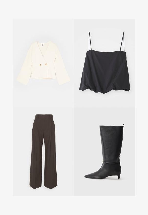 Jachetă croită de culoare crem, cu decolteu adânc în V, mâneci lungi și largi, și două închideri cu nasturi de culoare aurie. Material moale, texturat.; Top negru fără mâneci, cu bretele subțiri, croială lejeră și tiv strâns. Fabricat dintr-un material ușor, cu o textură netedă.; Pantaloni largi de culoare maro închis, cu talie înaltă, prezentând pliante bine călcate, textură fină și o croială adaptată.; Botă din piele neagră, până la genunchi, cu vârf ascuțit, accentuată de o curea circulară în jurul gleznei și un toc jos, îngustat. Textură netedă.