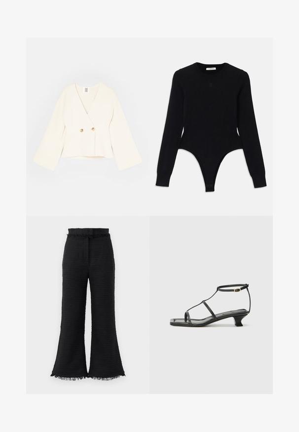Crème-kleurige cropped wikkeljas met een diepe V-hals, lange wijde mouwen en twee gouden knoopsluitingen. Zacht, gestructureerd materiaal.; Zwarte lange mouwen body met een ronde halslijn, fitted ontwerp en een thong-stijl onderkant. Gemaakt van zachte, elastische stof voor comfort.; Zwarte wijde broek met een gestructureerde stof, een rafelige zoom en een elastische tailleband. Het ontwerp heeft een gladde afwerking en een relaxte pasvorm.; Zwarte leren sandaal met een vierkante neus, dunne banden, een verstelbare enkelriem en een lage hak. Heeft een kleine gouden accent op de band.