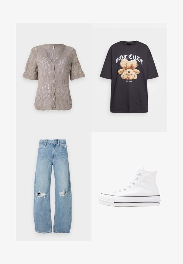 Strikket cardigan i lys brun med kortermet, V-hals, knappelukking og intrikat åpenmønster gjennom hele.; Svart oversized t-skjorte med en grafikk av en bjørn og teksten "IKKE SØT, MEN VILL" i fet, hvit skrift. Laget av bomull.; Lyseblå høytlivsjeans laget av denim. Har vide bein, to revne knær og klassisk fem-lommers design.; Hvit høy-skinn kanvas sneakers med svart gummisåle, gummitåhette foran og seks hull for snorer, med et rent, minimalistisk design.