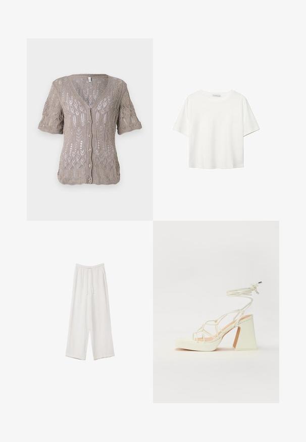 Strickjacke in hellbraun mit kurzen Ärmeln, V-Ausschnitt, Knopfverschluss und aufwendigem Lochmuster. ; Weißes T-Shirt mit kurzen Ärmeln aus Baumwolle. Hat einen Rundhalsausschnitt und eine lockere Passform. Glatte Textur ohne sichtbare Muster oder Akzente.; Weiße weit geschnittene Hose aus leichtem Stoff. Mit einem elastischen Bund und Kordelzug sowie Seitentaschen. Glatte Textur.; Weiße High-Heel-Sandale mit einem klobigen Absatz, die über ein Riemchendesign und ein Knöchelband verfügt. Glatte Textur mit einer Plattform vorne für zusätzliche Höhe.